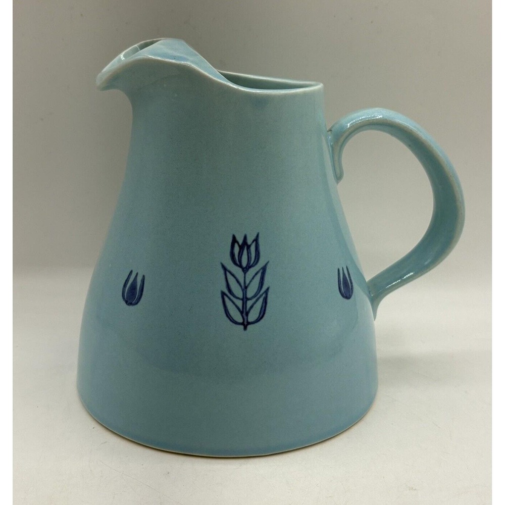 Cronin Pottery 1950s Stoneware Blue Tulip Water Pitcher with Ice Lip USA